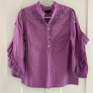 J. Crew purple Ruffle-sleeve top with‎ embroidered eyelet small